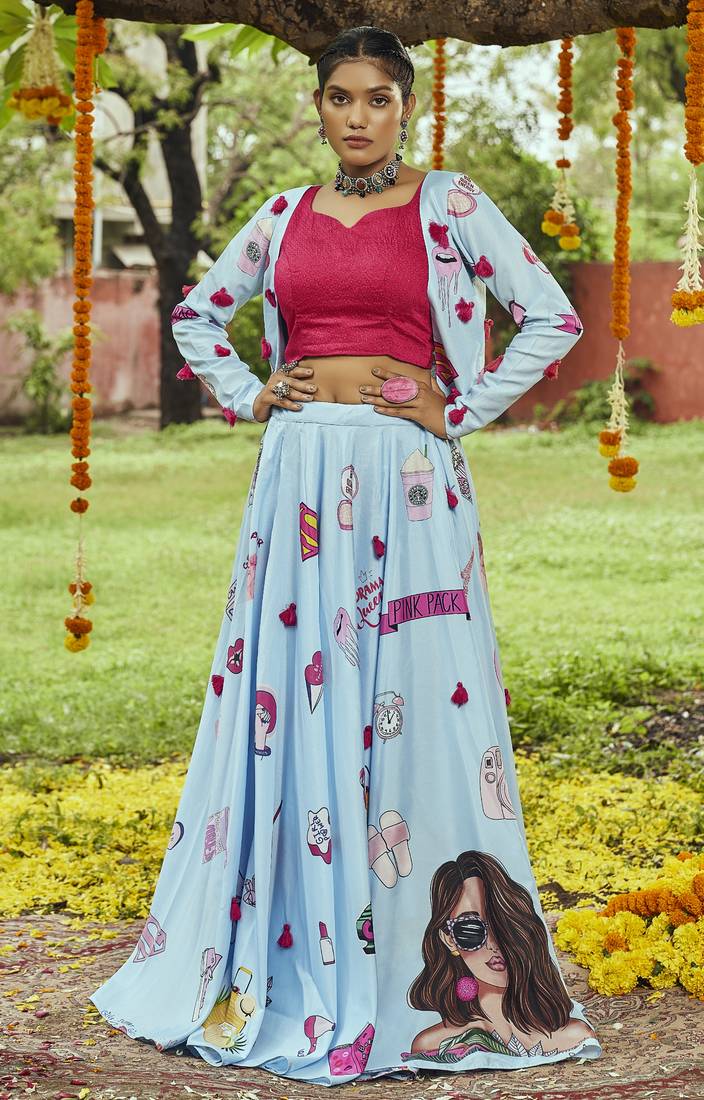 Sky Blue Maslin Cotton Traditional Navratri Dandiya Raas Garba Festival Semi Stitched Lehenga Choli