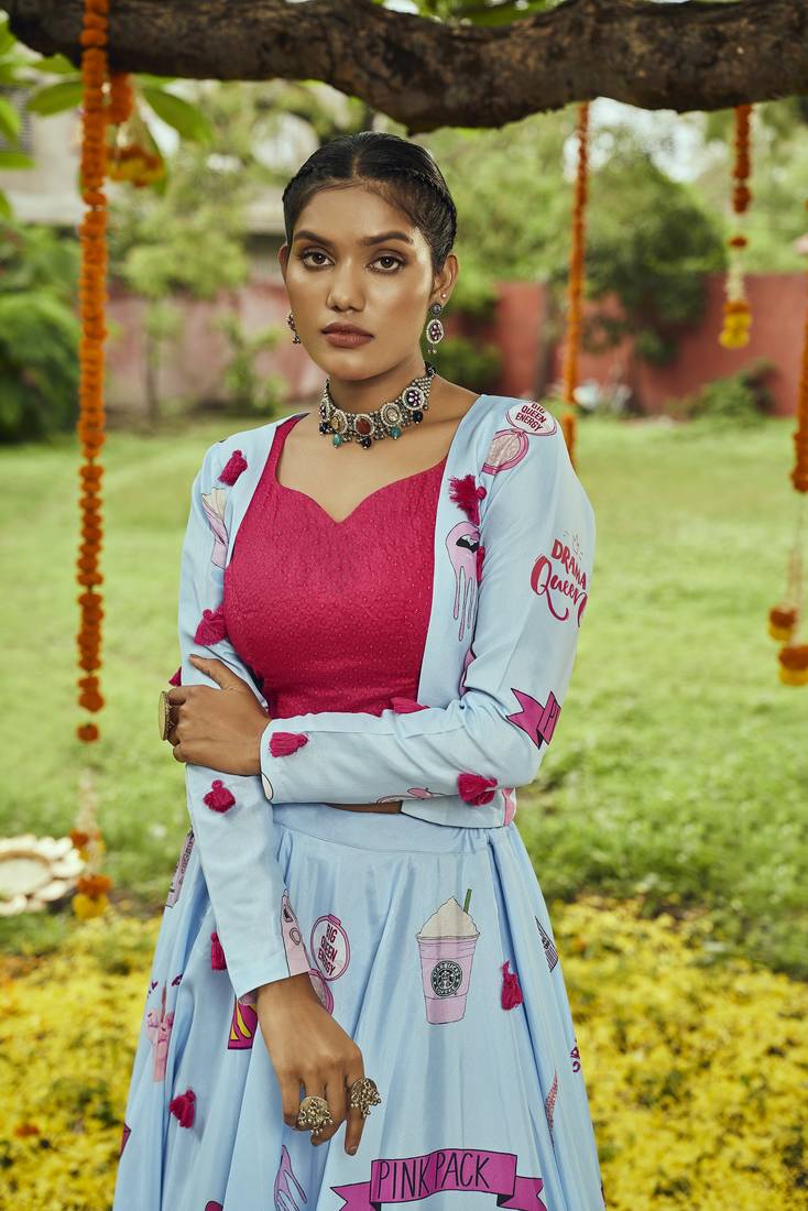 Sky Blue Maslin Cotton Traditional Navratri Dandiya Raas Garba Festival Semi Stitched Lehenga Choli