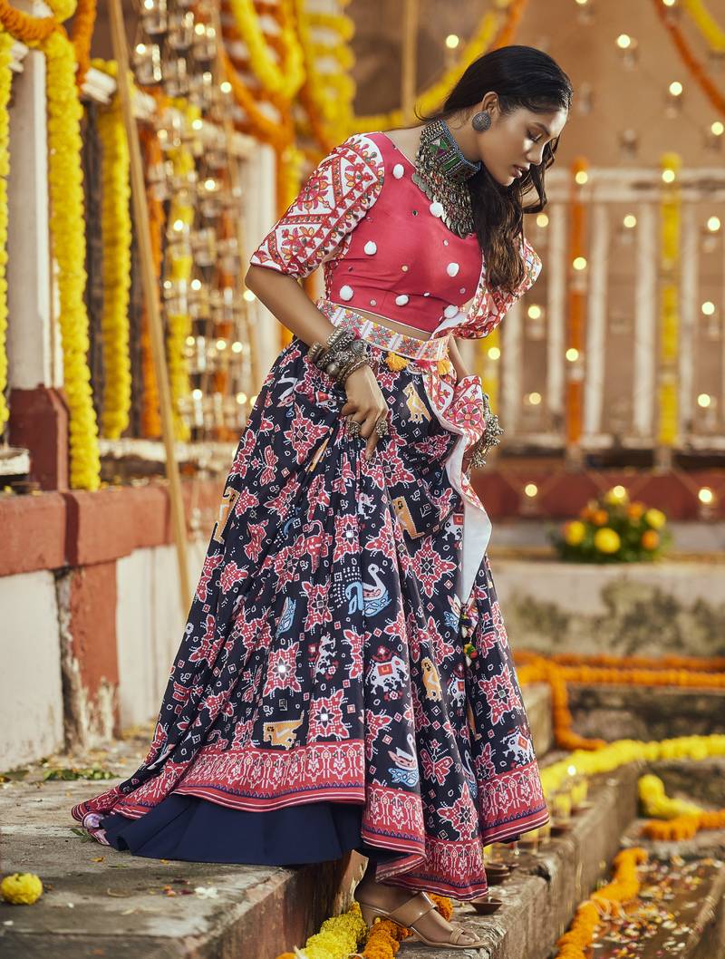 Black Maslin Cotton Traditional Navratri Dandiya Raas Garba Festival Semi Stitched Lehenga Choli