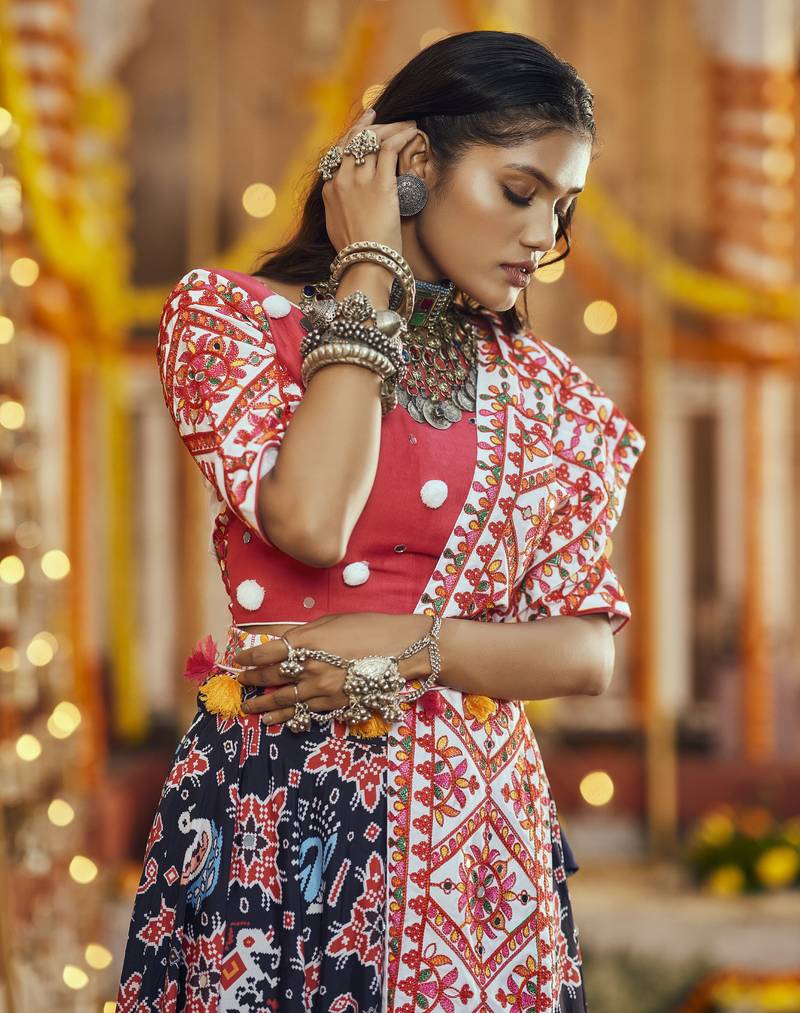 Black Maslin Cotton Traditional Navratri Dandiya Raas Garba Festival Semi Stitched Lehenga Choli