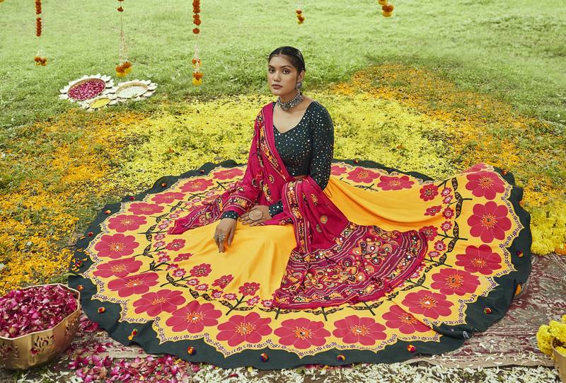 Yellow Maslin Cotton Traditional Navratri Dandiya Raas Garba Festival Semi Stitched Lehenga Choli