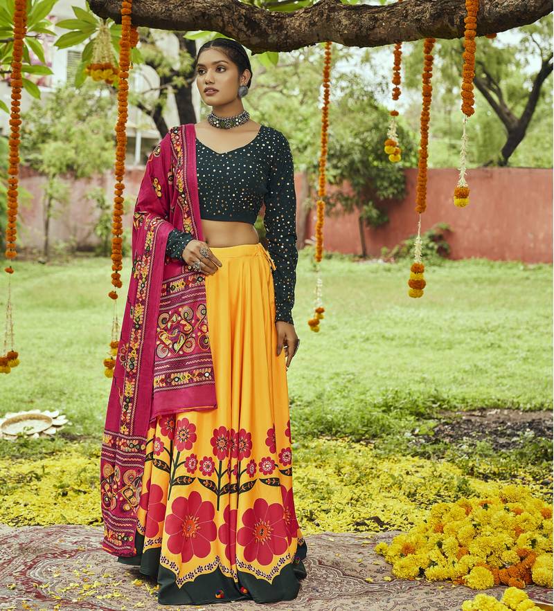Yellow Maslin Cotton Traditional Navratri Dandiya Raas Garba Festival Semi Stitched Lehenga Choli
