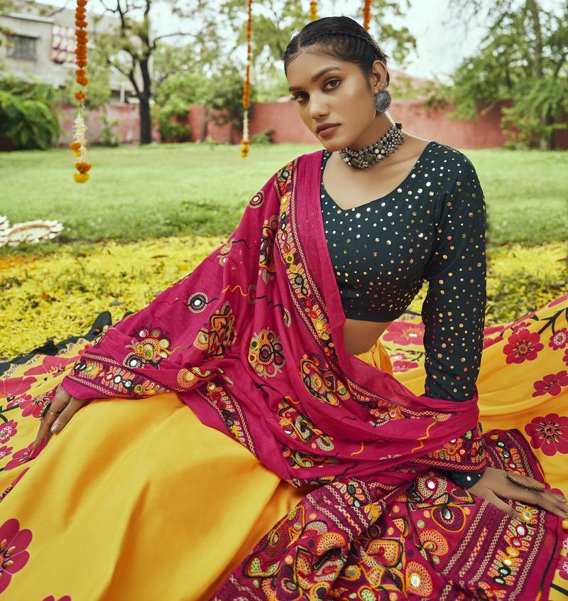 Yellow Maslin Cotton Traditional Navratri Dandiya Raas Garba Festival Semi Stitched Lehenga Choli