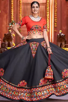 Black & Red Chaniya Choli for Garba     Peacock Embroidery | Navratri Dress