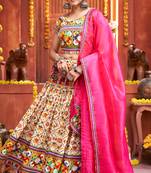 Cream embroidered art silk semi stitched lehenga