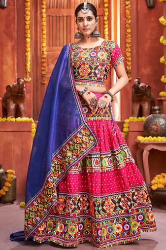 Pink embroidered art silk semi stitched lehenga