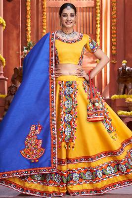 Yellow Chaniya Choli for Garba     Blue Dupatta, Mirror Work | Navratri Dress 1