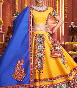 Yellow Chaniya Choli for Garba     Blue Dupatta, Mirror Work | Navratri Dress