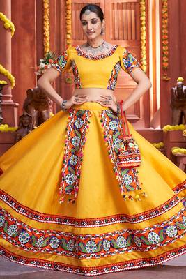 Yellow Chaniya Choli for Garba     Blue Dupatta, Mirror Work | Navratri Dress 2