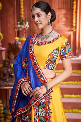 Yellow Chaniya Choli for Garba     Blue Dupatta, Mirror Work | Navratri Dress 3