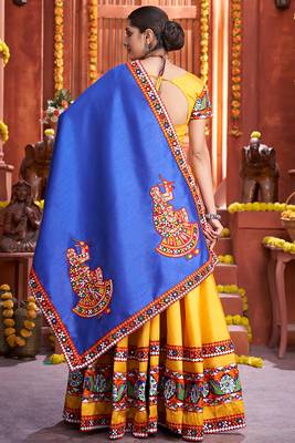 Yellow Chaniya Choli for Garba     Blue Dupatta, Mirror Work | Navratri Dress 4