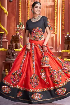 Navratri Red embroidered art silk semi stitched lehenga