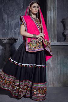 Black embroidered art silk semi stitched lehenga