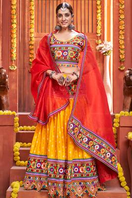 Navratri Yellow embroidered art silk semi stitched lehenga Chaniya Choli 1