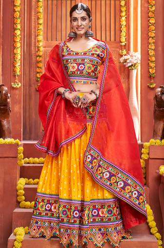 Navratri Yellow embroidered art silk semi stitched lehenga Chaniya Choli