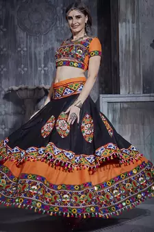 Orange embroidered art silk semi stitched lehenga