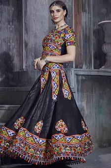 Black embroidered art silk semi stitched lehenga