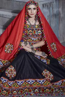 Black embroidered art silk semi stitched lehenga