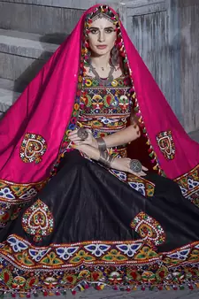 Black embroidered art silk semi stitched lehenga