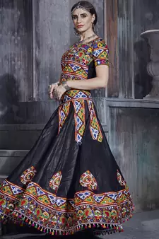 Black embroidered art silk semi stitched lehenga