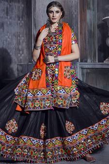 Black embroidered art silk semi stitched lehenga