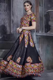 Black embroidered art silk semi stitched lehenga