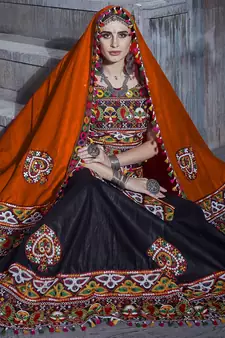 Black embroidered art silk semi stitched lehenga