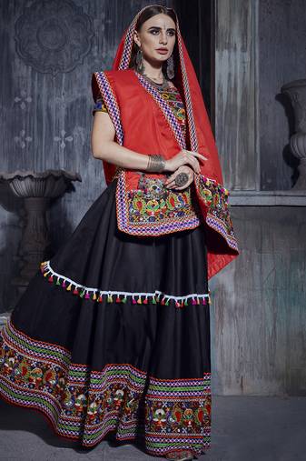 Black Art Silk Chaniya Choli for Garba     Red Dupatta, Kutchi Embroidery | Navratri Dress