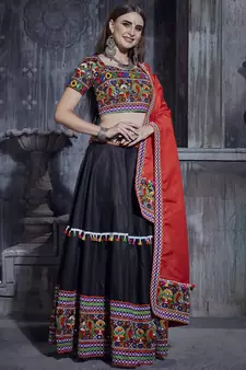 Black Art Silk Chaniya Choli for Garba     Red Dupatta, Kutchi Embroidery | Navratri Dress