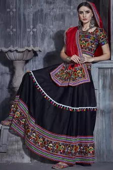 Black Art Silk Chaniya Choli for Garba     Red Dupatta, Kutchi Embroidery | Navratri Dress
