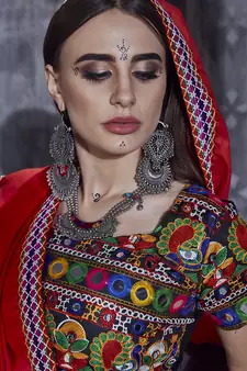 Black Art Silk Chaniya Choli for Garba     Red Dupatta, Kutchi Embroidery | Navratri Dress