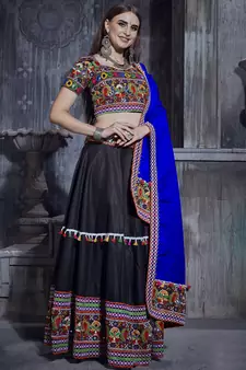 Black embroidered art silk semi stitched lehenga