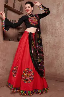 Red embroidered art silk semi stitched lehenga