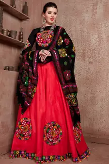 Red embroidered art silk semi stitched lehenga