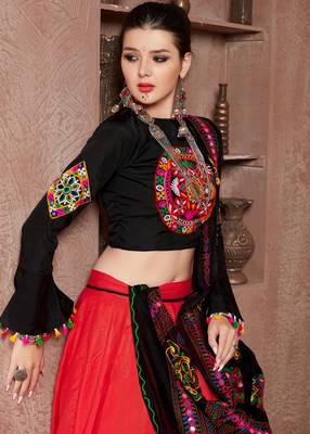 Red embroidered art silk semi stitched lehenga 4