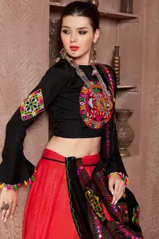 Red embroidered art silk semi stitched lehenga