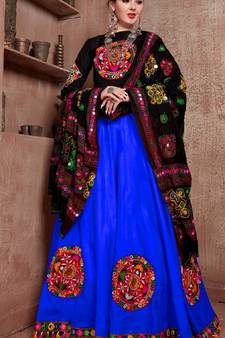 Royal-blue embroidered art silk semi stitched lehenga