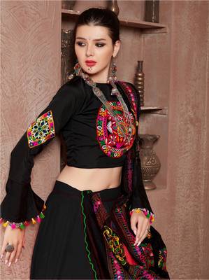 Black Silk Mirror Work Multicolor Thread Embroidered Garbha Lehenga Choli 2
