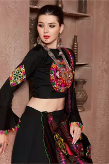 Black Silk Mirror Work Multicolor Thread Embroidered Garbha Lehenga Choli