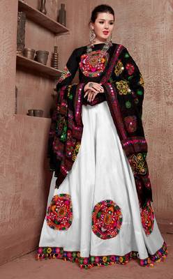 White embroidered art silk semi stitched lehenga 1