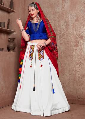 White embroidered art silk semi stitched lehenga 3