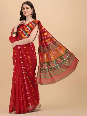 Red Woven Cotton Silk Saree Without Blouse 1