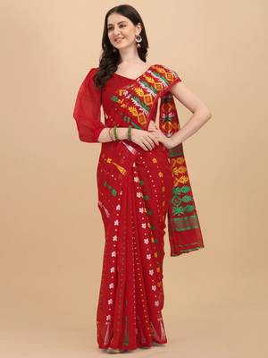 Red Woven Cotton Silk Saree Without Blouse 2