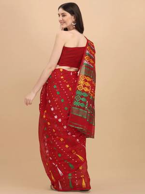 Red Woven Cotton Silk Saree Without Blouse 3