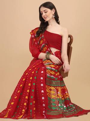 Red Woven Cotton Silk Saree Without Blouse 4