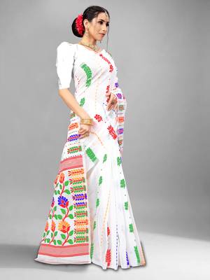 White Woven Cotton Silk Saree Without Blouse 3