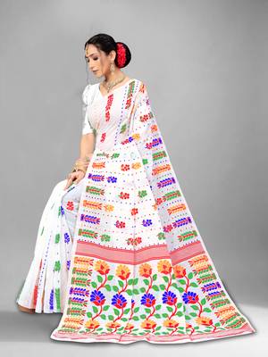 White Woven Cotton Silk Saree Without Blouse 4