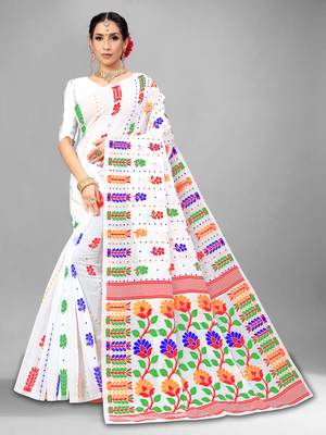 White Woven Cotton Silk Saree Without Blouse 1