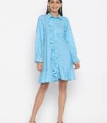 Sew You Soon White & Blue Printed Ruffle Shirt Dress