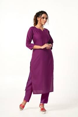 ASHWATH Purple Colour Solid Straight Kurta With Pant Set 2